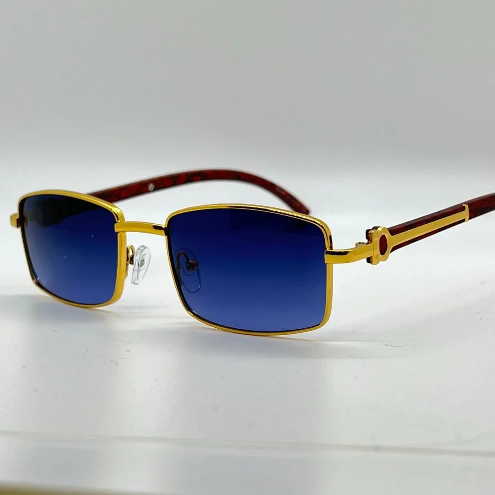Men Sunglasses Hip Hop Gold Blue Lens Small Retro Designer Rimless Shades Lentes